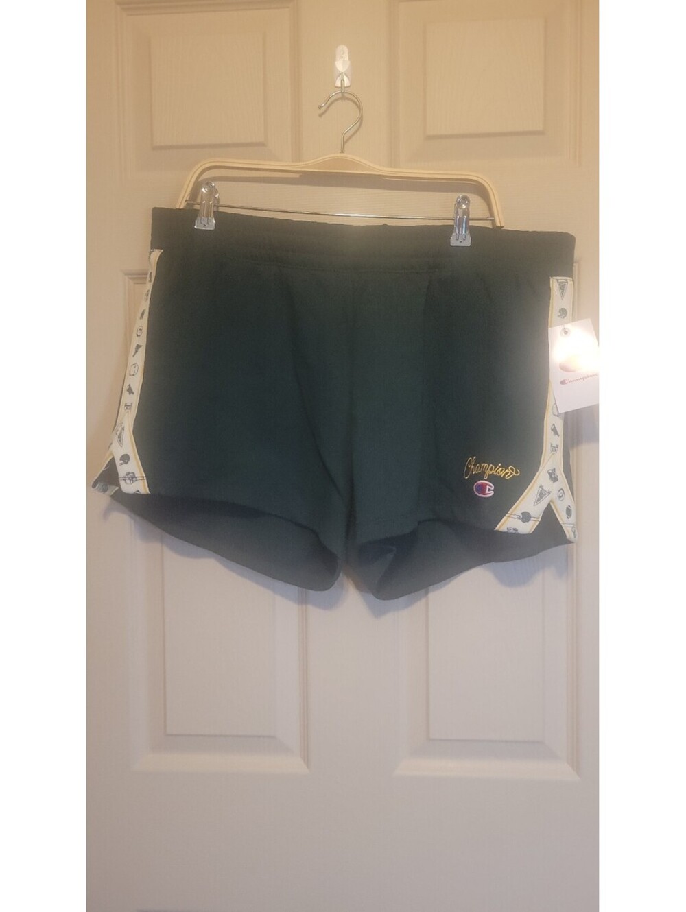 Champion Women's Dark Green Athletic Shorts with Iconic Side Tape